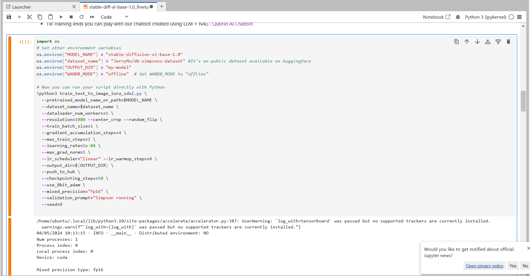  Qubrid AI - Model Training configuration for SDXL