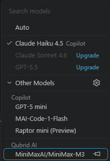 Qubrid AI model listed under Other Models in VS Code